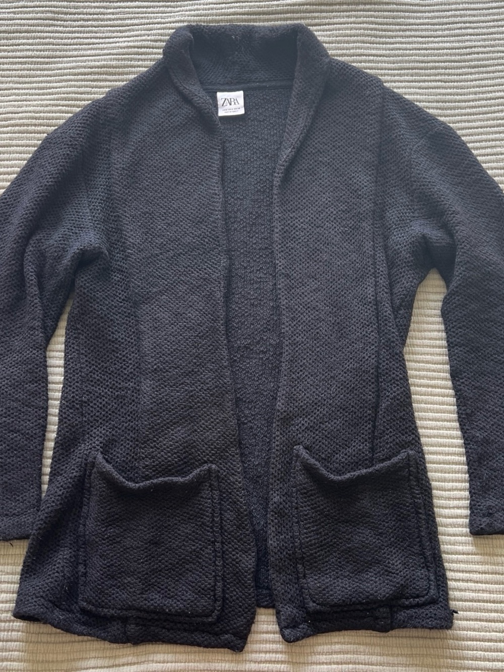 ZARA Black Textured Open-Front Cardigan with Pockets